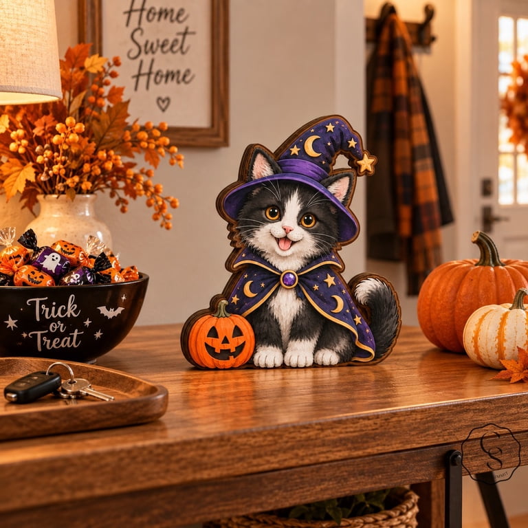 3-Layer Block Halloween Witch Cat Wooden Tabletop Display for Pet ...