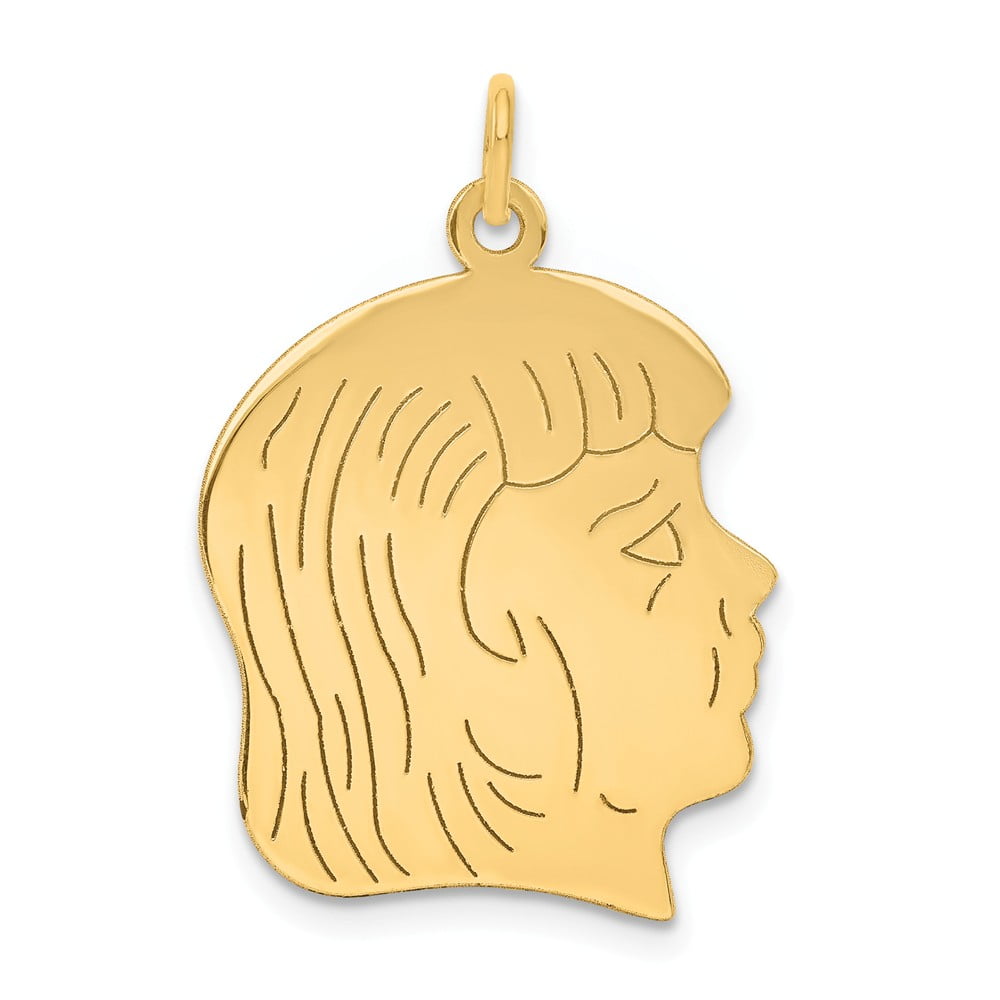 Solid 14k Yellow Gold Girl Head Charm Engravable Pendant 30mm x 20mm
