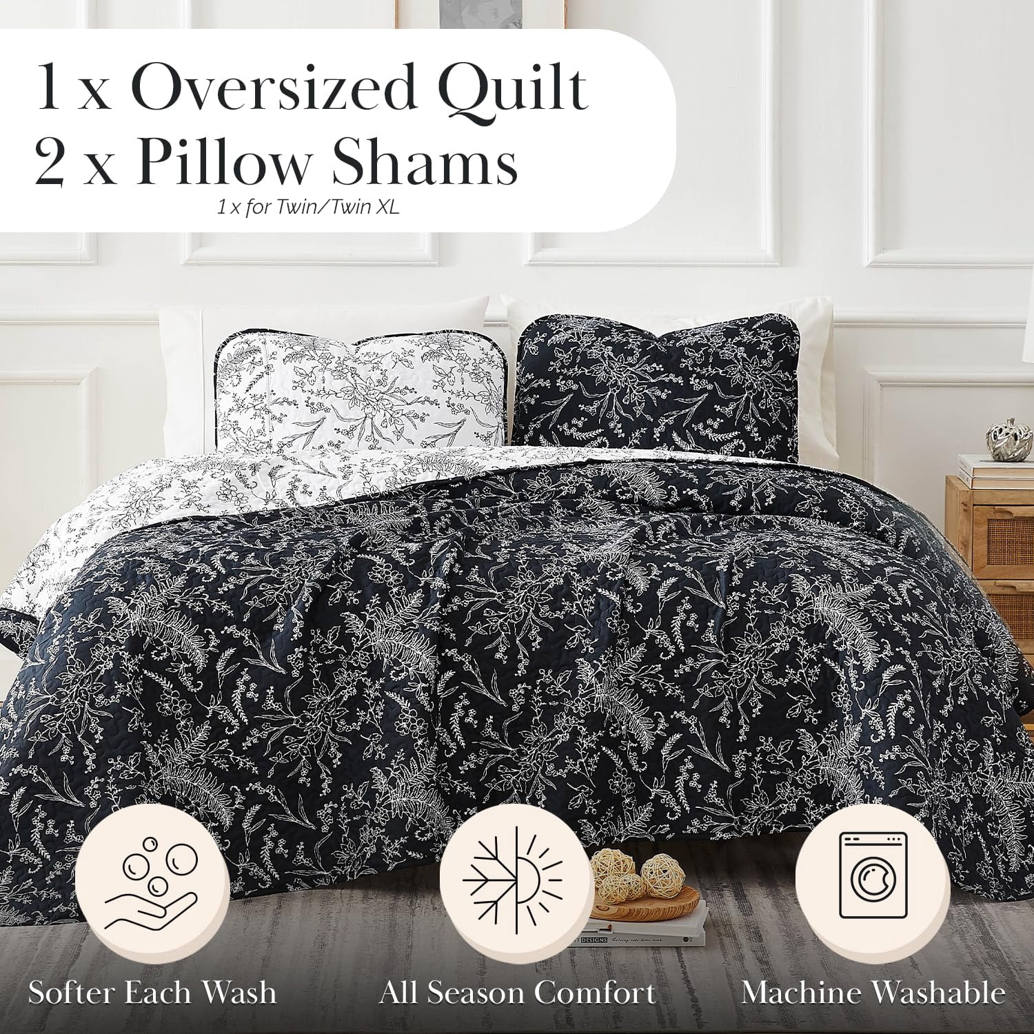 Elegant and Chic Lightweight Reversible Winter Brush Floral Patterned Quilt Set by Southshore Fine Linens