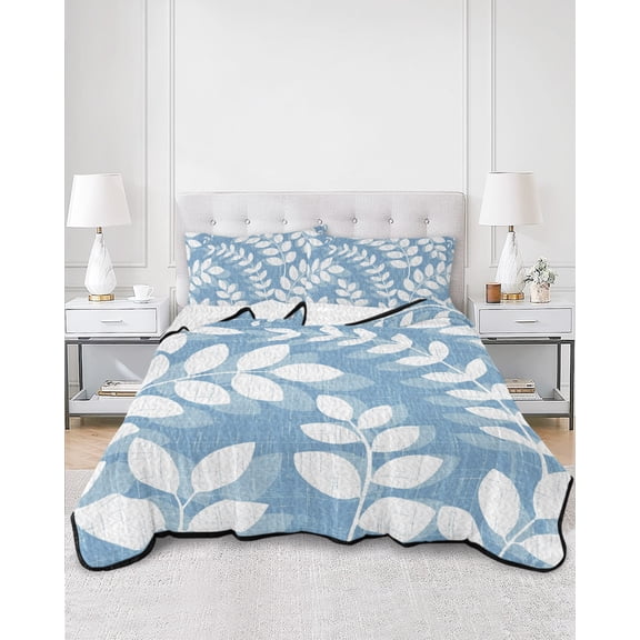 Quilts Twin XL Size, Sky Blue Leaves Soft Comforter Bedding Set for Bed, Farmhouse Botanical Branch Vintage Boho Leaf Lightweight Quilted Bedspread with Pillow Cover(2 Pieces) All Season, 68x98 Inch