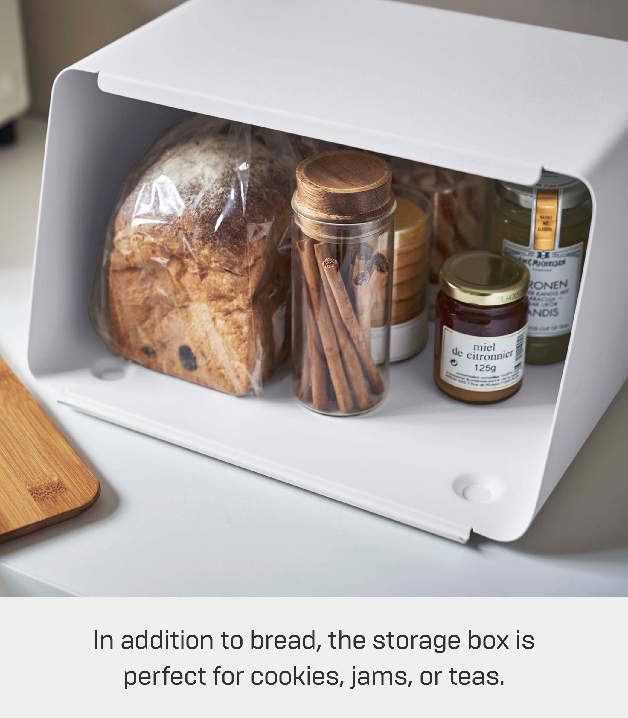 Yamazaki Home Bread Box with Cutting Board Lid, White, Steel + Bamboo, Lid, No Assembly