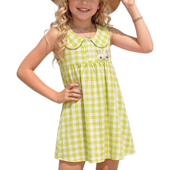 Odeerbi 0-10 Years Toddler Kids Girls Easter Plaid Tank Dress Peter Pan Collar A-Line Dress Summer Casual Sun Dress