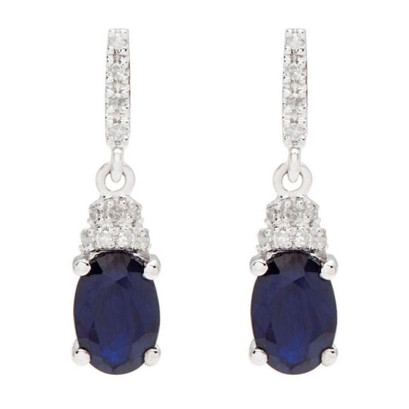 10k White Gold Oval Blue Sapphire and Diamond Drop Earrings