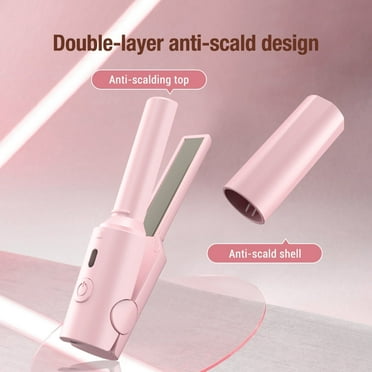 Flaremore Mini Hair Straightener, Portable Ceramic Flat Iron, 2-in-1 Curling Iron for Thin Fine Hair, USB-C Rechargeable Ideal for Quick Styling on-the-go, Heats up in Seconds, Pink