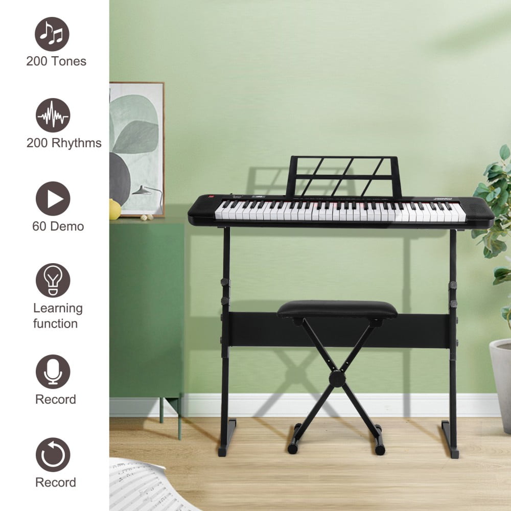 61 Key Keyboard Piano with Stand & Bench Kit, Stand, Lighting Digital Piano with LED Screen, Built-In Speakers, Headphones, Microphone, 3 Teaching Modes for Beginners (Black)