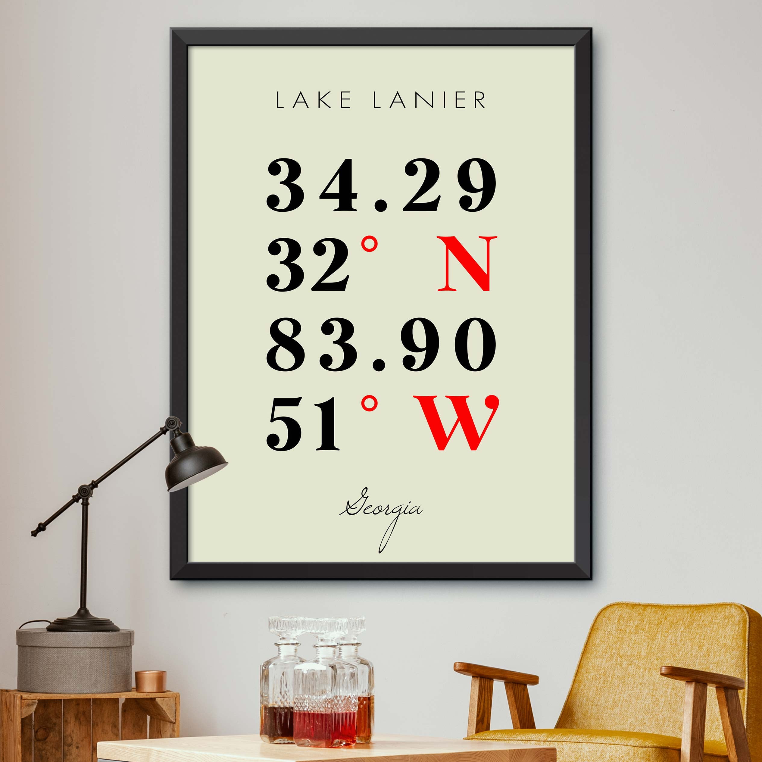 Map of Lake Lanier, Multiline Coordinates Colored (36x48)