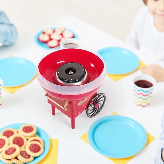 Red Mini Cotton Candy Machine with Cart Design, Retro Carnival Style for Home Parties, Kids' Birthdays & Family Gatherings