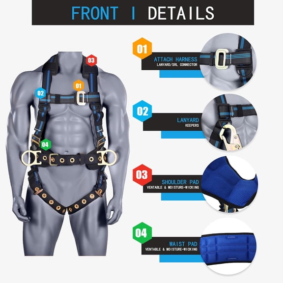 Fall  5pt Full-Body Safety Harness with Thick Back Support for Construction and Roofing