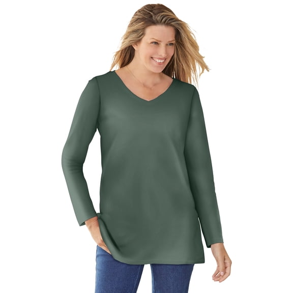 Woman Within Plus Size Perfect Long-Sleeve V-Neck Tee