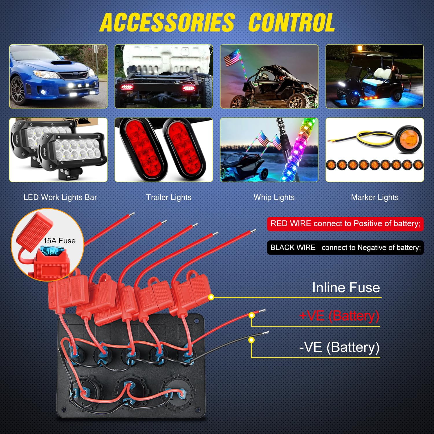 Nilight 5 Gang Multi Function Waterproof Switch Panel PD Type C and USB Socket Digital Voltmeter 12V Outlet Rocker with Inline Fuse for RVs Cars Boats Trucks Trailers Green