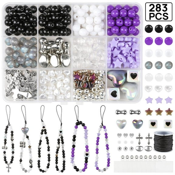 FGY DIY Phone Charm Set 283Pcs Phone Charm Beads and Cord Kit for Making Wrist Strap Key Chain