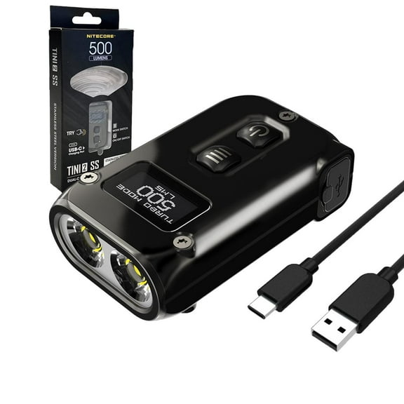 Nitecore TINI-2 SS Stainless Steel Dual-Core Rechargeable LED Keychain Light - 500 Lumens w/ FREE Eco Sensa Type C USB Cable