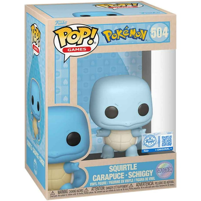 Pop Games Pokemon 3.75 Inch Action Figure Exclusive - Squirtle #504 by Funko. A collectible vinyl figure of Squirtle displayed in a branded box featuring multilingual text and safety warnings. The figure has a soft blue color with a beige shell and black eyes, representing the iconic Pokemon character.
