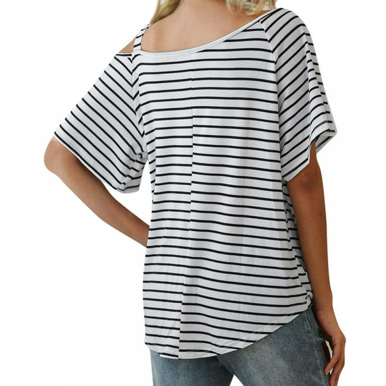 Prettyui Women Short Sleeve Striped T Shirt Cold Shoulder Summer