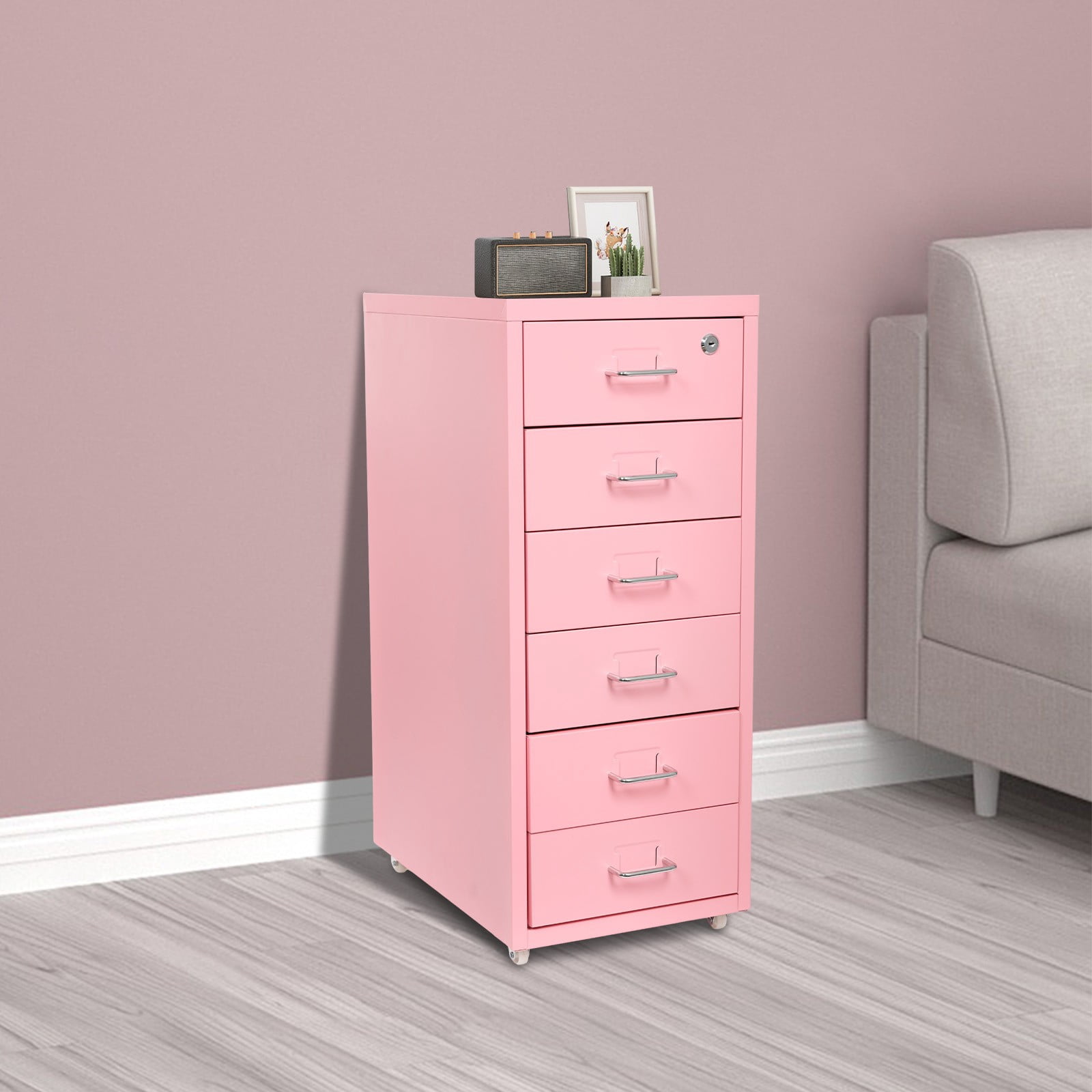 ToppiJoy 6 Tiers Rolling File Cabinet, 27in Metal Filing Cabinets with Lock for Home Office Pink