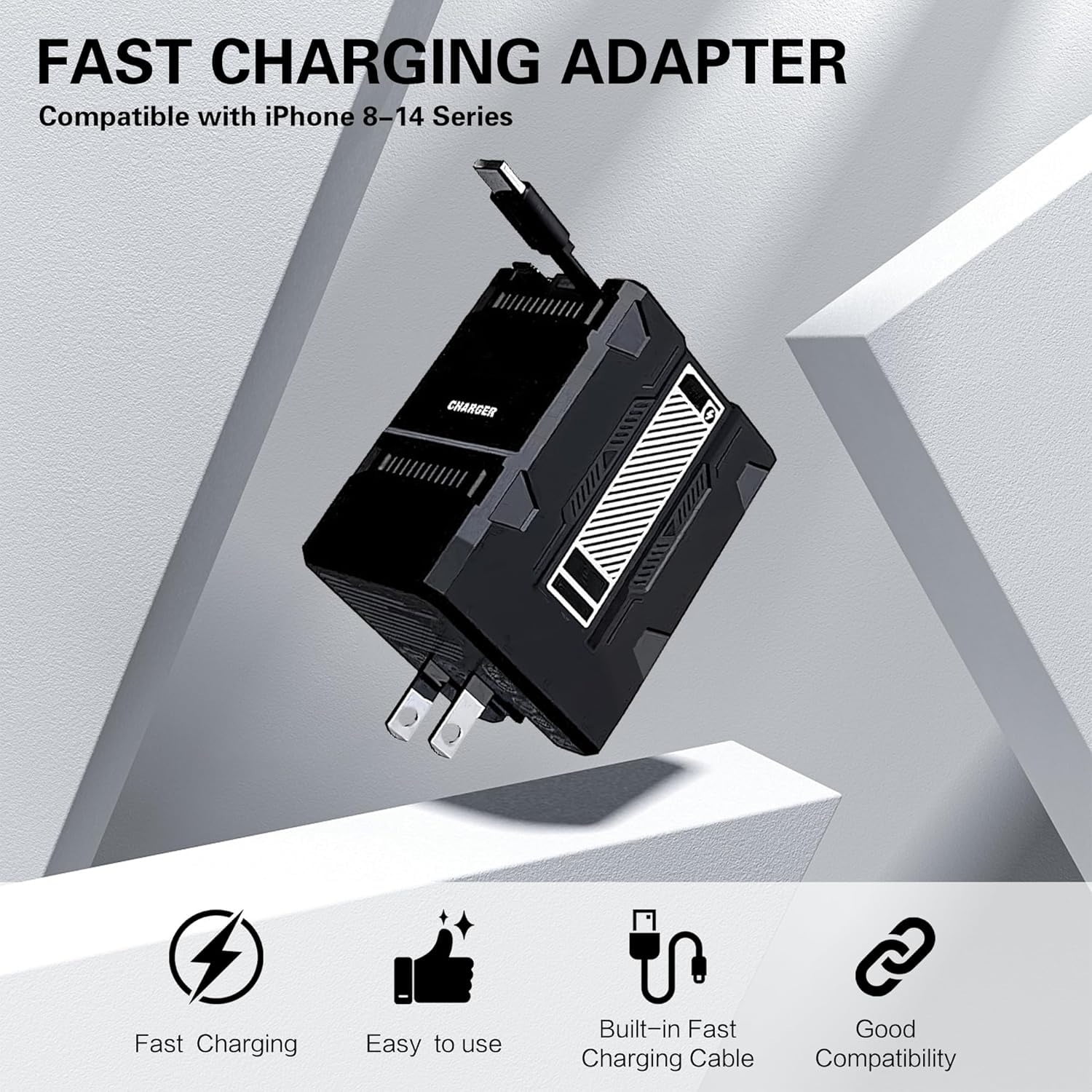 Retractable Charger with Cables,22.5W Dual Built-in Cable Fast Wall Charger, Foldable Plug for iPhone, Android, Tablets - Home, Office & Travel