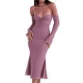 thumbnail image 2 of xiaxaixu Robe Midi Élégante pour Femmes, Bretelles Licou, Décolleté Bas, Manches Longues, Couleur Unie, Robe de Soirée Sirène, 2 of 9
