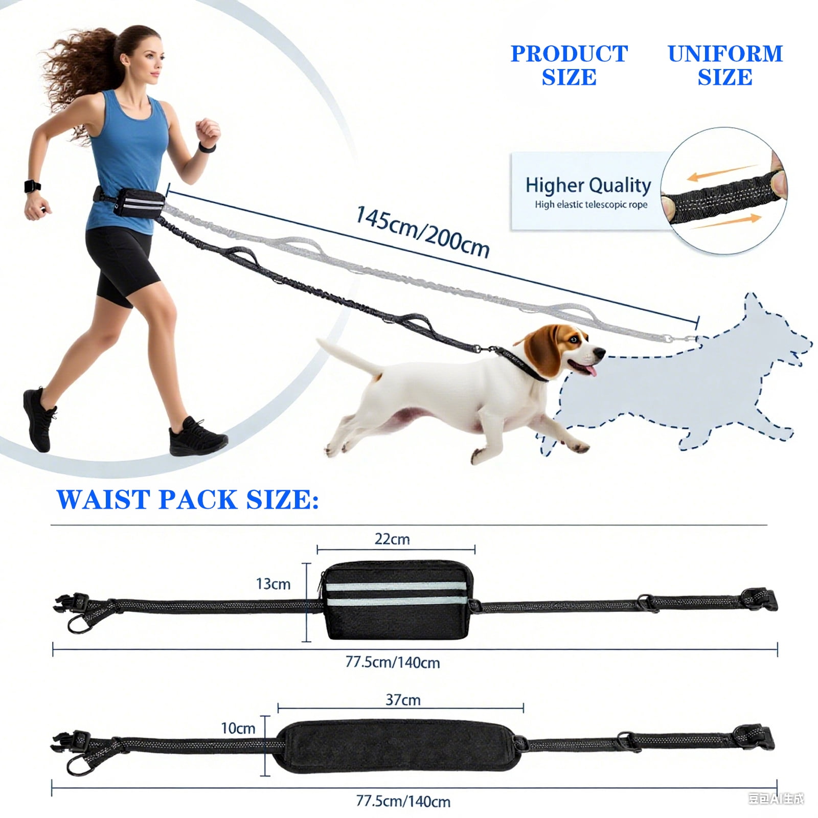 Hands Free Dog Leash for Dogs, Waist Leash for Dog Walking-Double and Single Dog Leashes for Medium and Large Breeds-Pouch & Lumbar Support, Adjustable Waist Belt, Retractable Bungee,Padded Handles