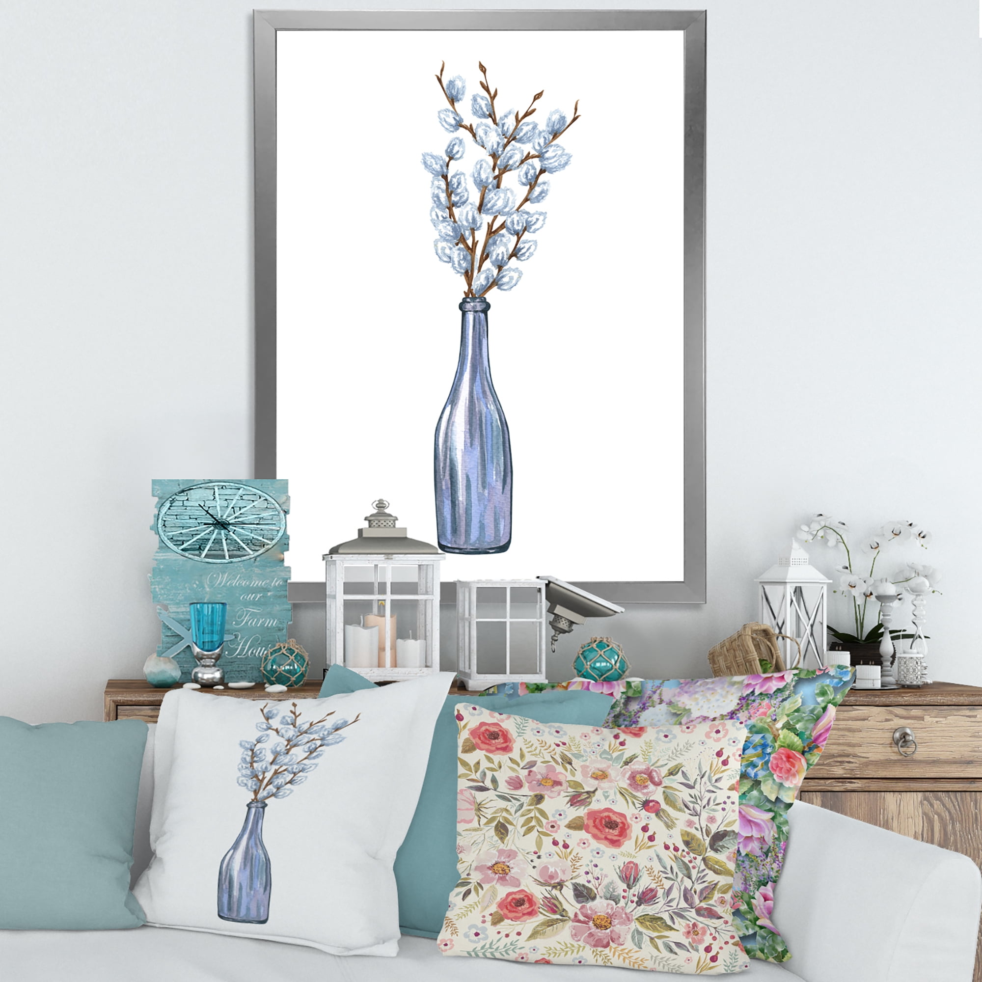 Designart 'Bunch of White Pussy Willow Twigs II' Farmhouse Framed Art Print