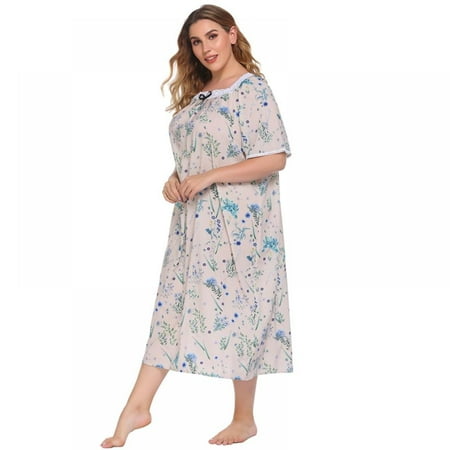 

[BRAND FACTORY PRICE!]Casual Female Nightdress Loose Large Size Spring Autumn Ladies Short-Sleeved Printed Flowers Nightgowns