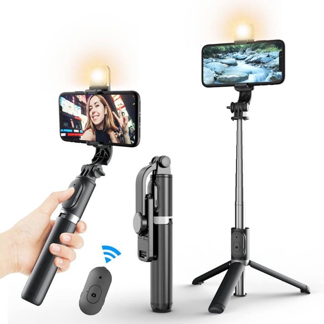 Trípode Bluetooth Selfie Stick con Luz De Relleno, Soporte De Trípode Ligero De Viaje Extensible para Selfie, Transmisión En Vivo, Videoconferencia, Compatible con Todos Los Teléfonos(Negro),negro