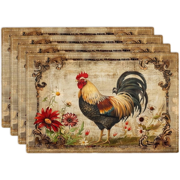 Rooster Placemats Set of 4 Farm Chicken Table Mats Country Flowers Place Mats Imitation Linen Heat Resistant Placemats for Vintage Dining Decoration Kitchen Party Restaurants 12''x18''