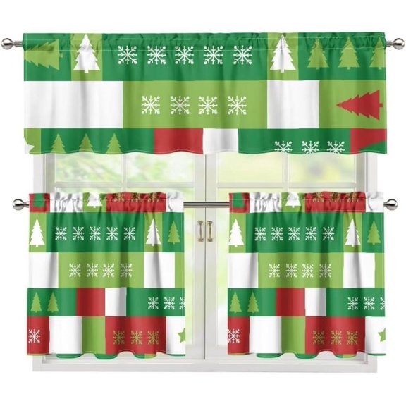 Christmas Tree Kitchen Curtain Valance and Tiers Set Snowflake Window Tiers Kitchen Curtain Sets with Valance,Home Collection,3 Pack