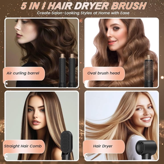 5 in 1 Hair Styler & Hot Air Brush - Air Curling Wrap with Low-Speed Negative Ion Technology for Drying Curling Straightening Black