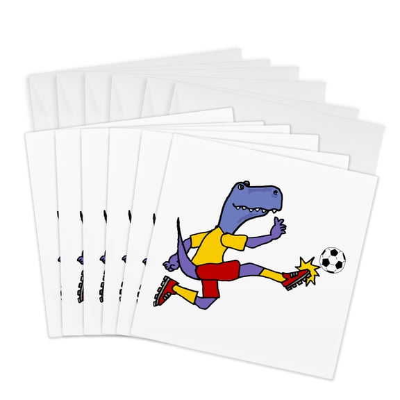 3drose, Cute Funny T-rex Dinosaur Playing Soccer Kicking Ball Cartoon Sports, 6 Greeting Cards with Envelopes