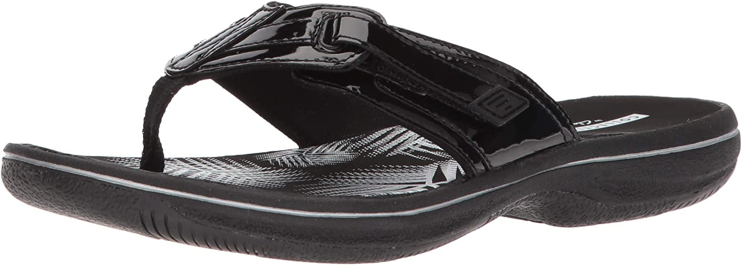 clarks black patent flip flops