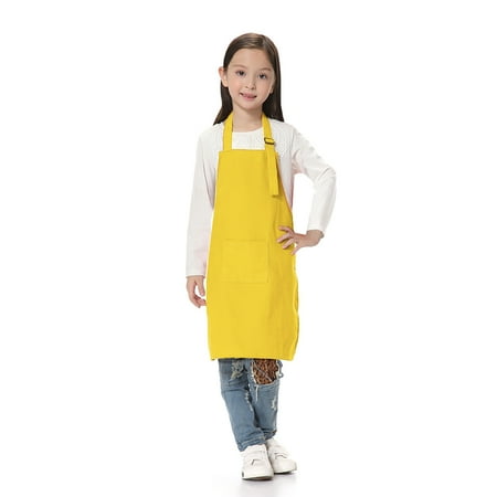 TOPTIE Kids Aprons with Pocket & Adjustable Strap Child Chef Bib Apron for Kitchen Cooking Baking Painting-Yellow-S