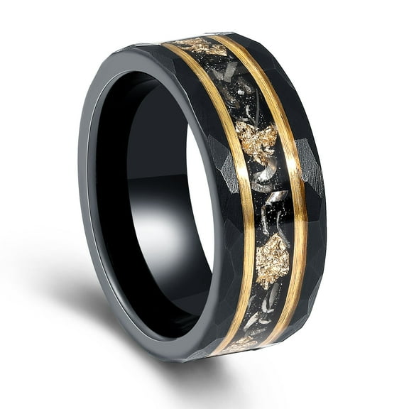 Black Meteorite Tungsten Ring Hammered Crushed Gold Leaf Ring men's Ring Anniversary Ring 8mm Ring