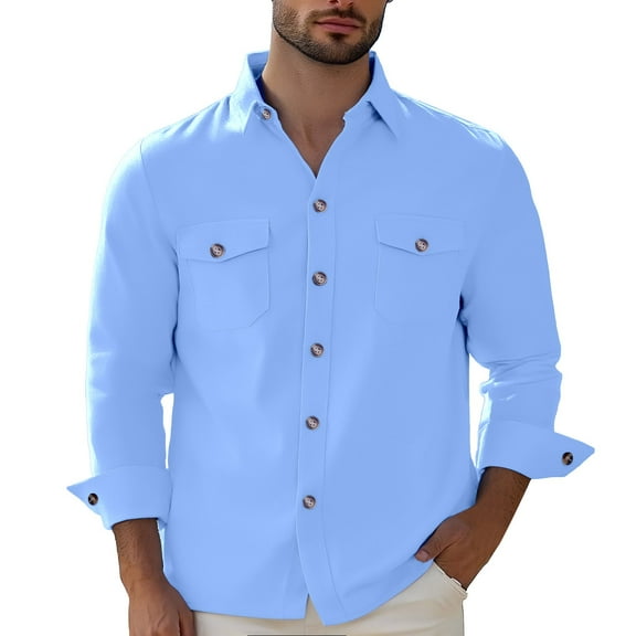 Men's Shirts Solid Color Casual Loose Business Long Sleeve with Double Pocket Shirt Top L