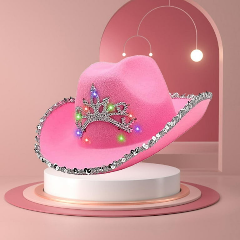 Pink Cowboy Hat Wide Brim with Tiara Design Western Style Felt