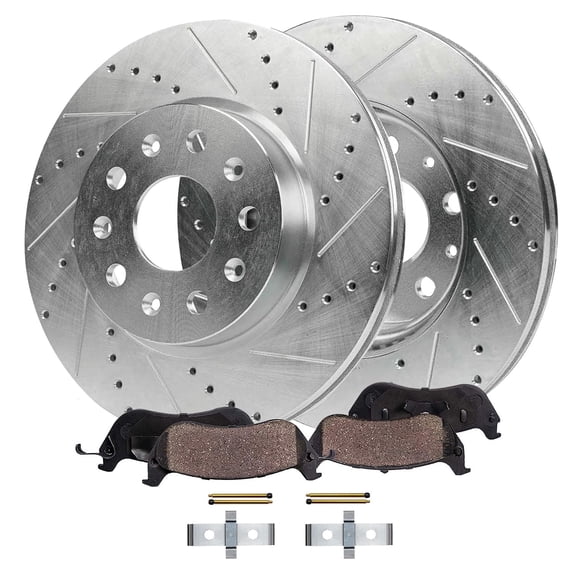 Detroit Axle - Front Brake Kit for 2015-2019 Cadillac ATS 12.64" inch Drilled and Slotted Disc Brake Rotors Ceramic Brakes Pads with Hardware 2016 2017 2018 Replacement