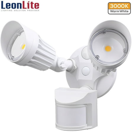 LEONLITE LED Security Light, Motion Sensor Flood Lights Outdoor, 20W(150W Equiv.), IP65 Waterproof, Adjustable 2-Head, Dusk To Dawn, 3000K Warm White, ETL Listed, White