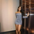 thumbnail image 4 of Women'S Off-the-Shoulder Bodycon Mesh Sheer Ruffled Shiny Flared Long Sleeves Y2K Club Night Out Dress Grey XS, 4 of 8