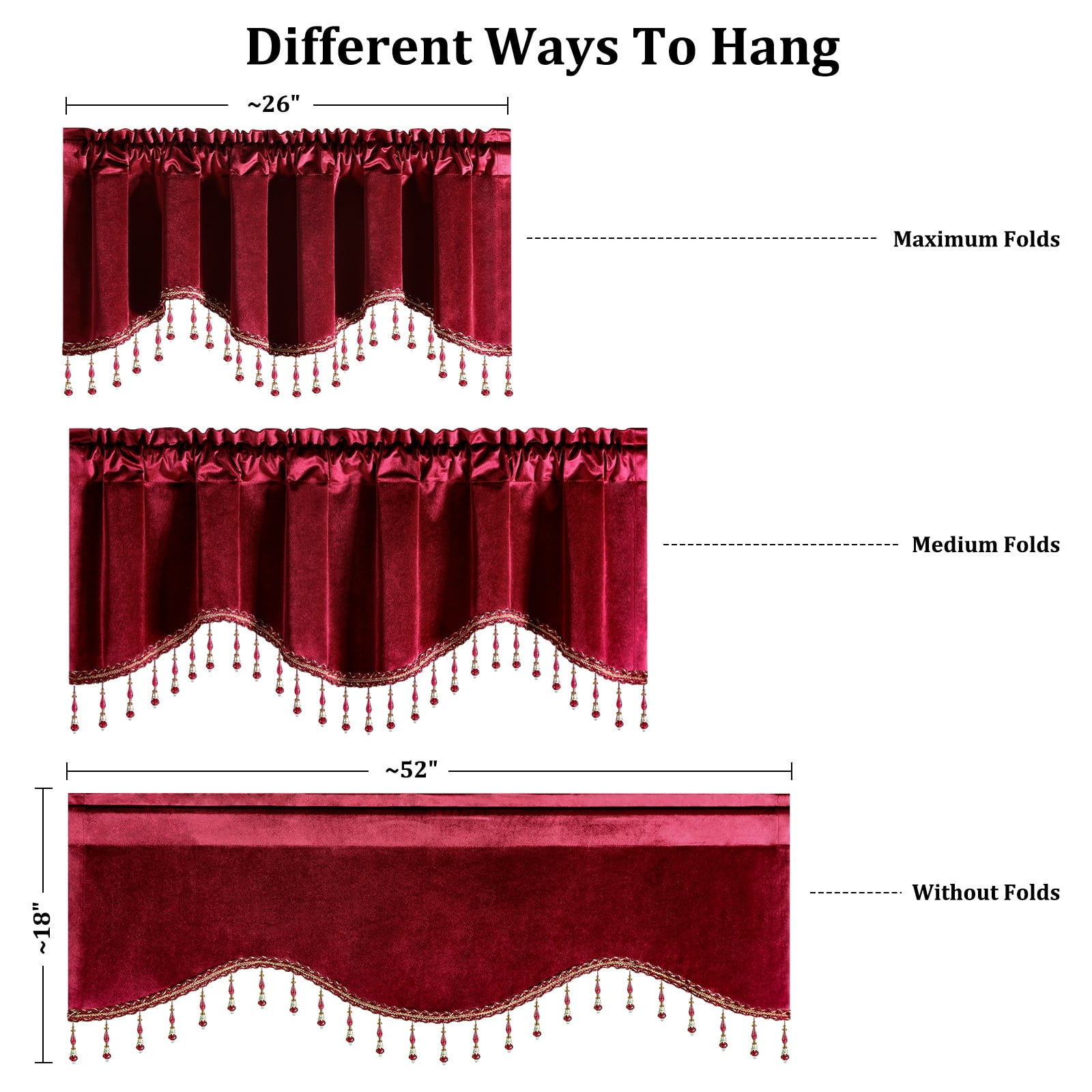 VOGOL Burgundy Velvet Scalloped Window Valance with Beaded Trim, Classic Decorative Curtain Topper for Living Room Bedroom