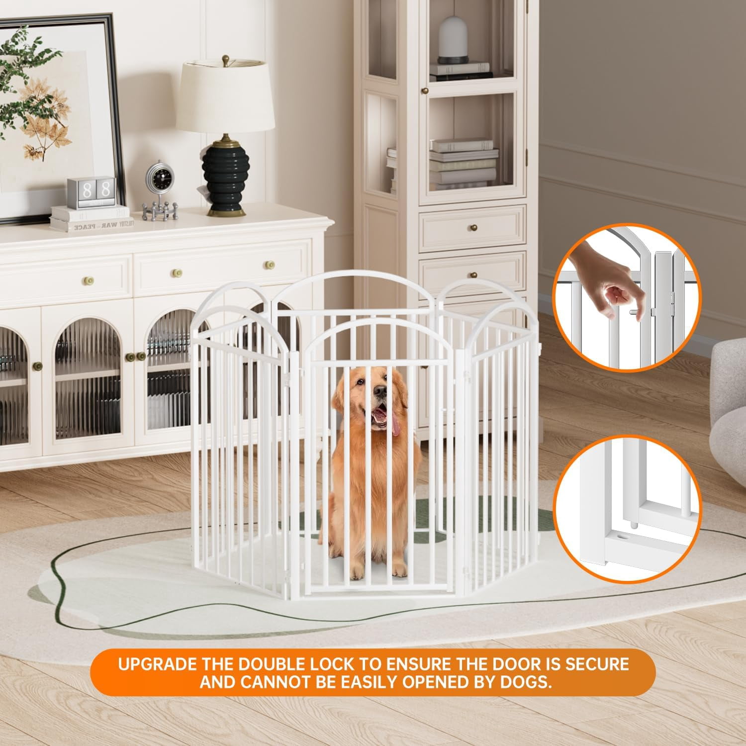 4 Panels Full Matel Freestanding Dog Gates with Door, 96"Extra Wide 32"Tall Free Standing Dog Pet Gate for Indoor & Outdoor. Foldable Pet Fences for Doorways, House, Stairs, Porch, Deck, Yard