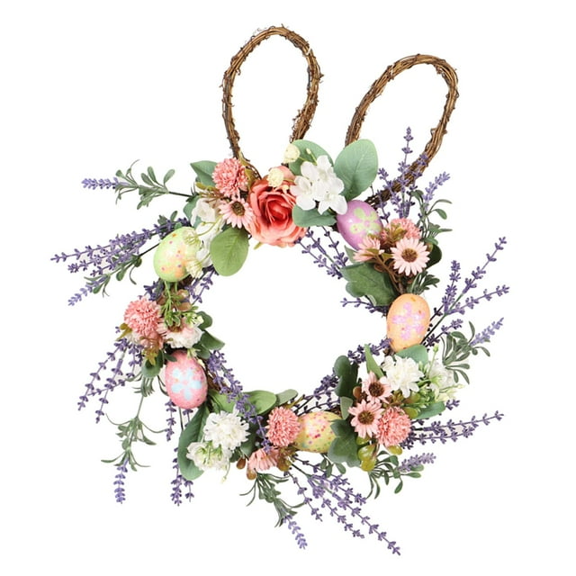 Guirnalda de Pascua con huevos pastel, decorativa, para interiores y exteriores, con flores verdes. Conejo