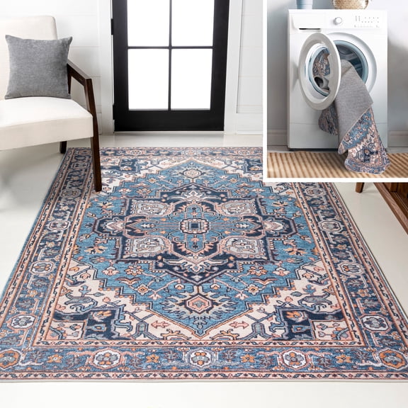 JONATHAN Y WASHABLE 9 x 12 Area Rug, Cirali Ornate Large Medallion - Blue/Beige, WSH105B-9