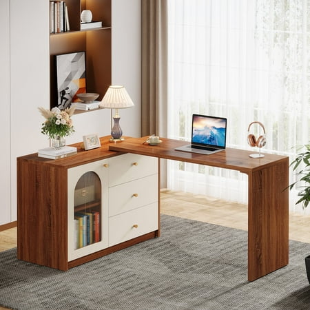 Tribesigns L Shaped Computer Desk with Drawers Modern Corner Home Office Desk with Reversible Storage Cabinet Rustic Brown & White 1 Count
