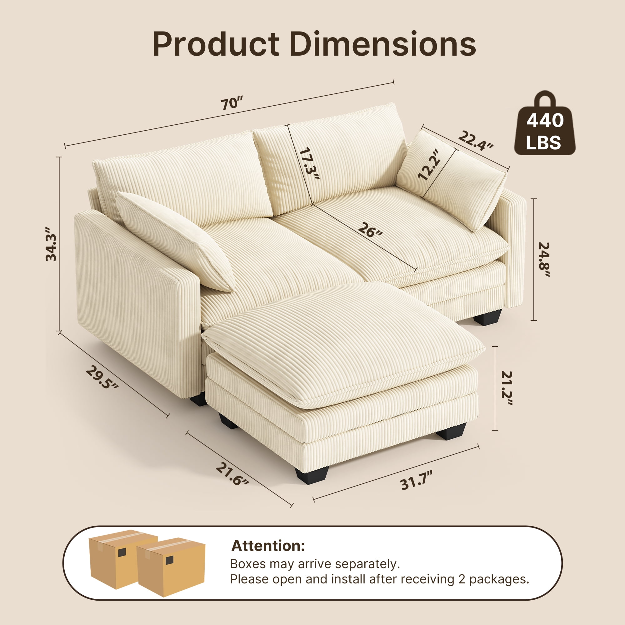 70'' Cloud Loveseat with Ottoman for Small Space, Noelse Comfy Small Sofas and Couches with Deep Seat and Pillows for Living Room and Bedroom, Corduroy Fabric, Beige