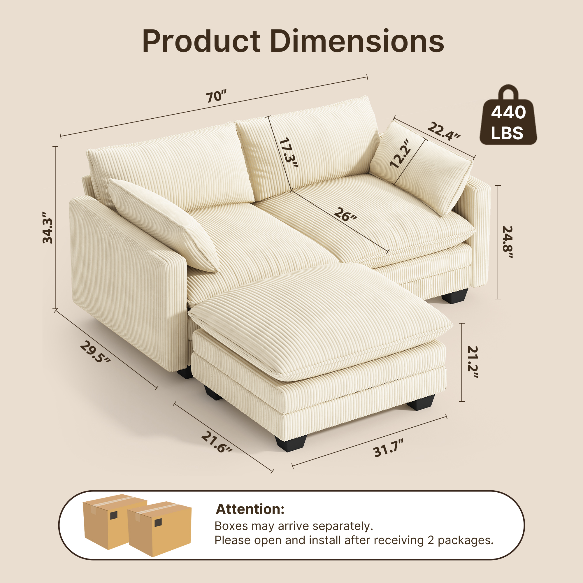 Noelse 70" L-Shaped Loveseat with Ottoman, Beige photo 4