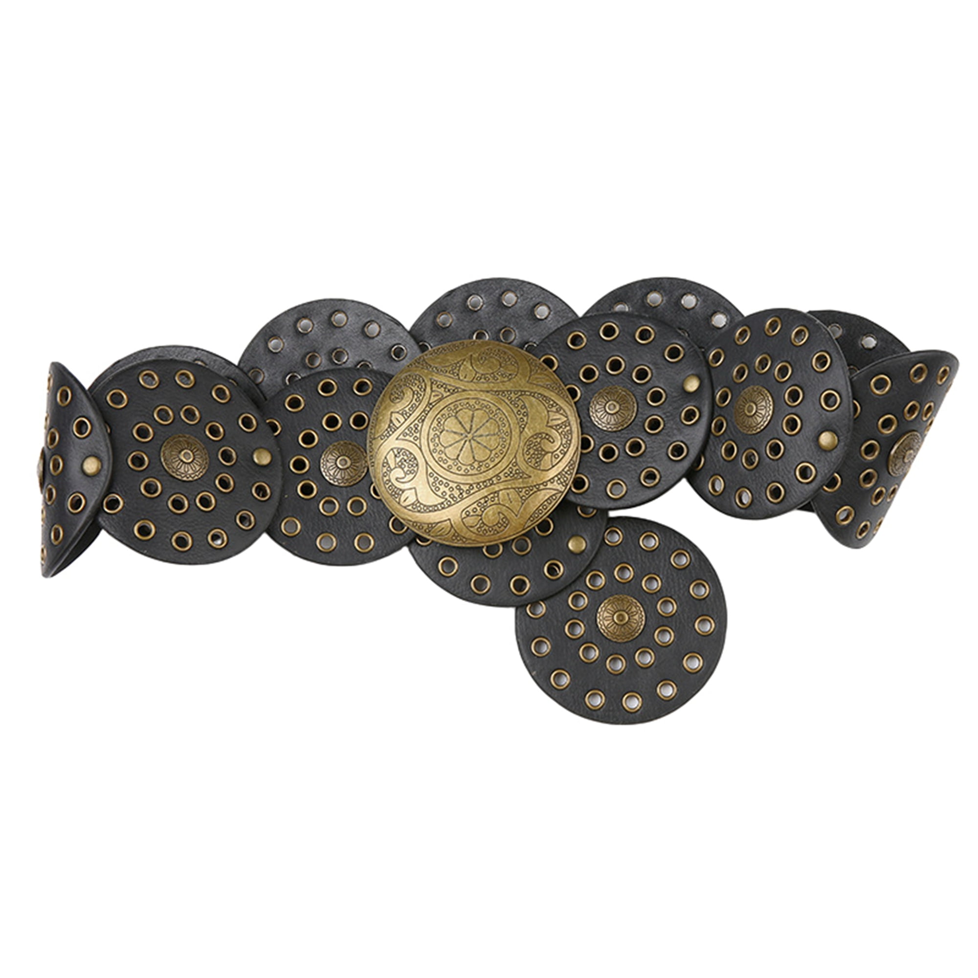 FAROOT Women Vintage Personality Disc Belt Hollow Out Metal PU Leather Waistband Adjustable Belt