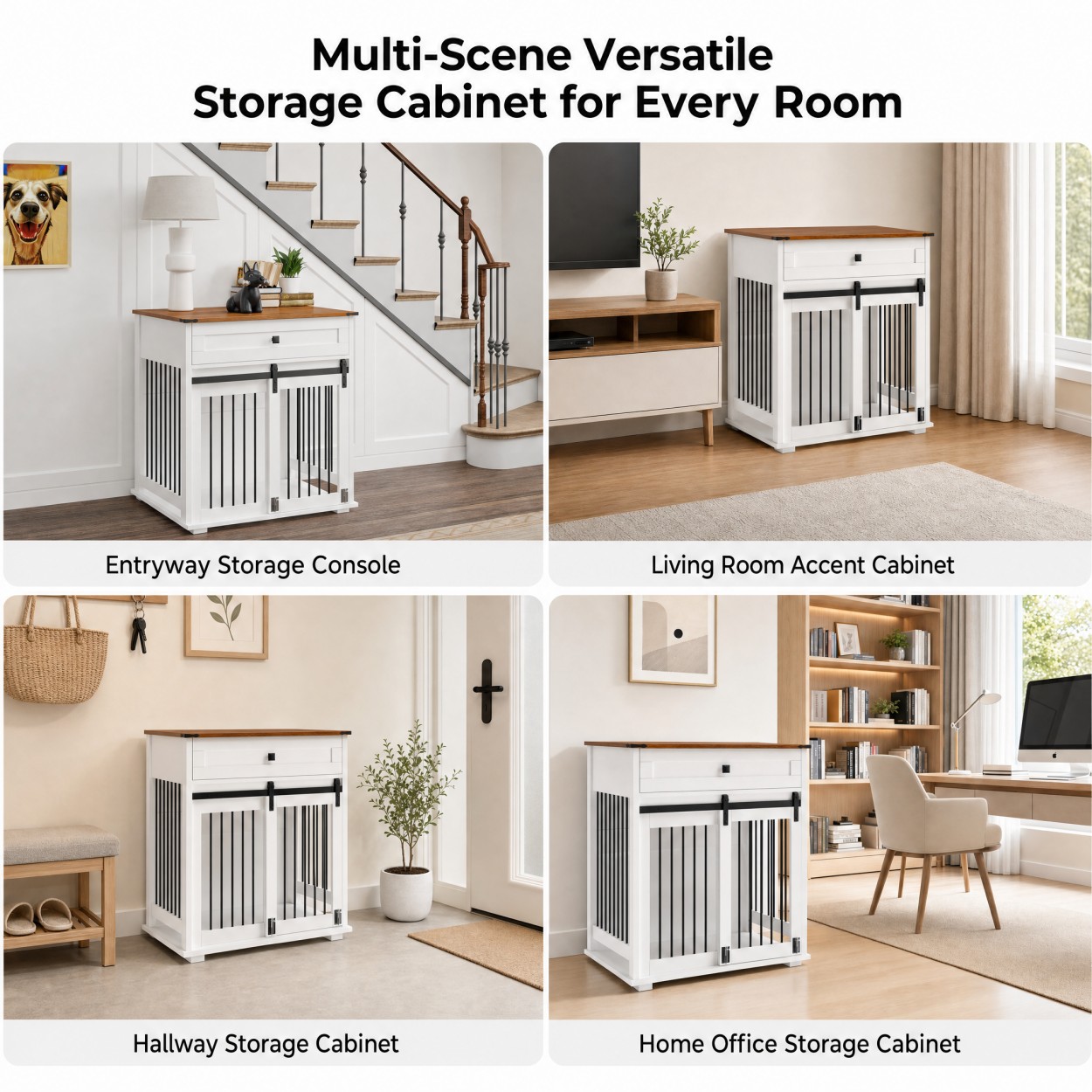 Dog Crate Furniture with Sliding Barn Door, Storage Drawer & Metal Bars, Heavy Duty Indoor Kennel End Table for Small & Medium Dogs, Brown white