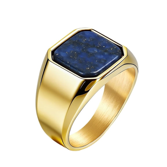 PAURO Mens Stainless Steel Square Gemstone Signet Ring Setting with Blue Stone Classic Wedding Band Rings Gift Gold Size 8