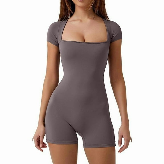 AEXTO Women's Jumpsuit Shorts Square Neck Tight Fitting Short Sleeved Jumpsuit High Elasticity Sportswear Push Up Outdoor Training Suit Gym Yoga Jumpsuit