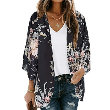 Womens Kimonos for Summer,Women Floral Print Lightweight Chiffon Kimono Cardigan Short Sleeve Loose Beach Wear Cover Up Blouse Top