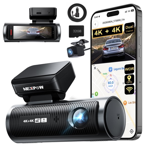 NEXPOW 4K 4K Front and Rear Dual Dash Cam, GPS Wifi6 Dash Camera for Car with 32GB Card, Voice Prompt Broadcast, WDR Night Vision, G-Sensor, Loop Recording, Parking Mode